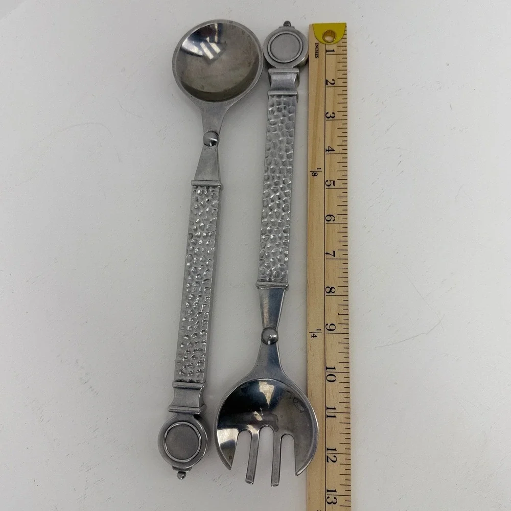 Vintage Salad Server Set Fork &‎ Spoon Silver Good Hammered Metal Artisanal